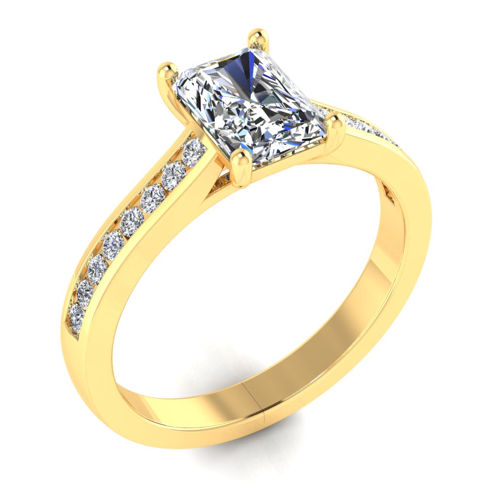Radiant Cut Diamond & Yellow Gold Shoulder Set Channel Ring | SMI