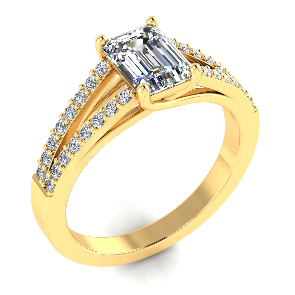 Emerald Diamond Yellow Gold Ring, Micro Split Shoulder Set | LGE RX4509
