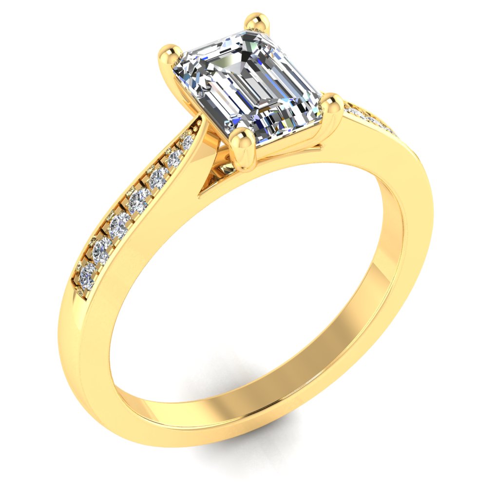 Emerald Diamond Yellow Gold Ring, Tapered Grain Shoulder Set | LGE RX5495