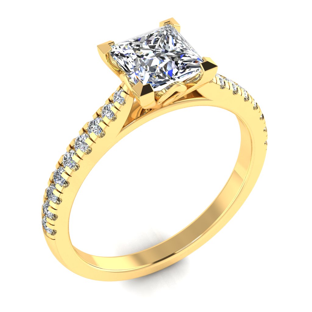 Princess Cut Diamond & Yellow Gold Shoulder Set Pinched Ring | SMP