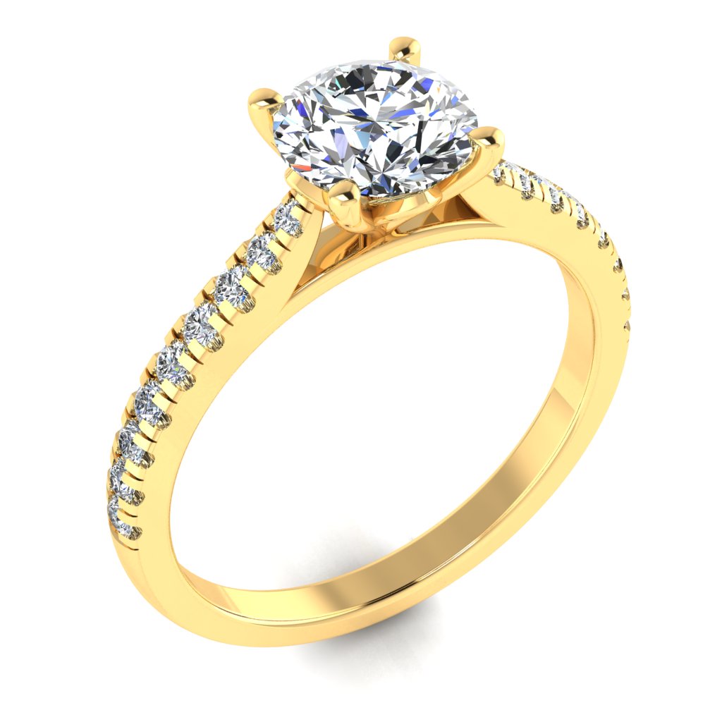 Round Cut Diamond & Yellow Gold Shoulder Set Pinched Ring | SMR