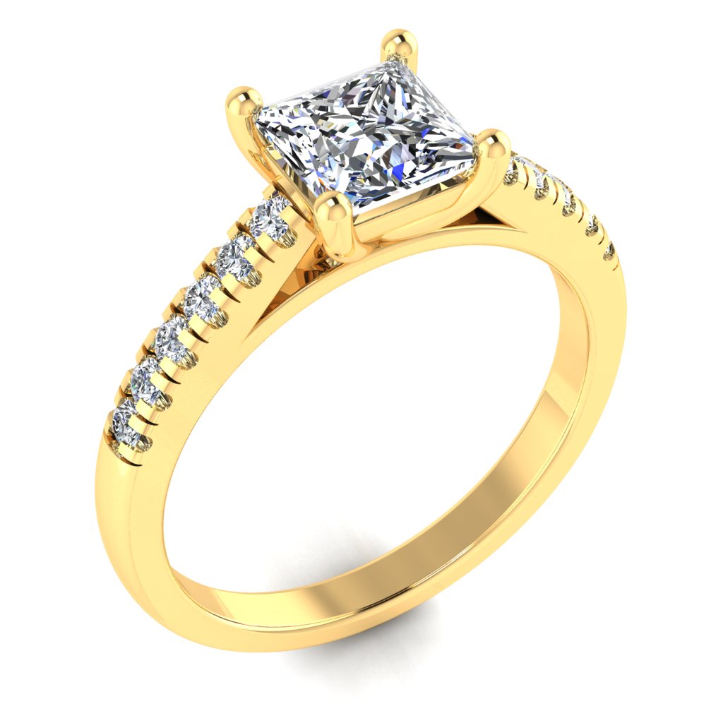 Princess Cut Diamond & Yellow Gold Shoulder Set Straight Ring | SMP