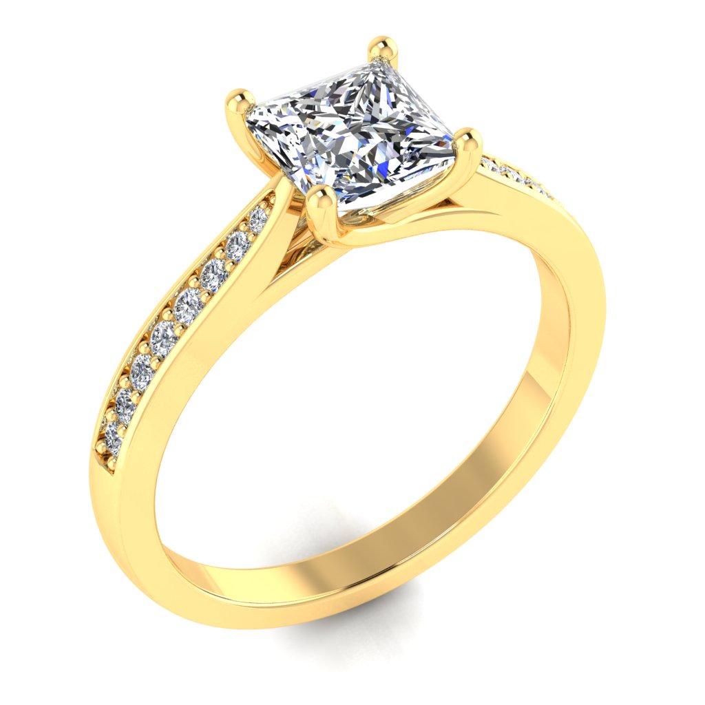 Princess Diamond Yellow Gold Ring, Tapered Grain Shoulder Set | LGE RX5652