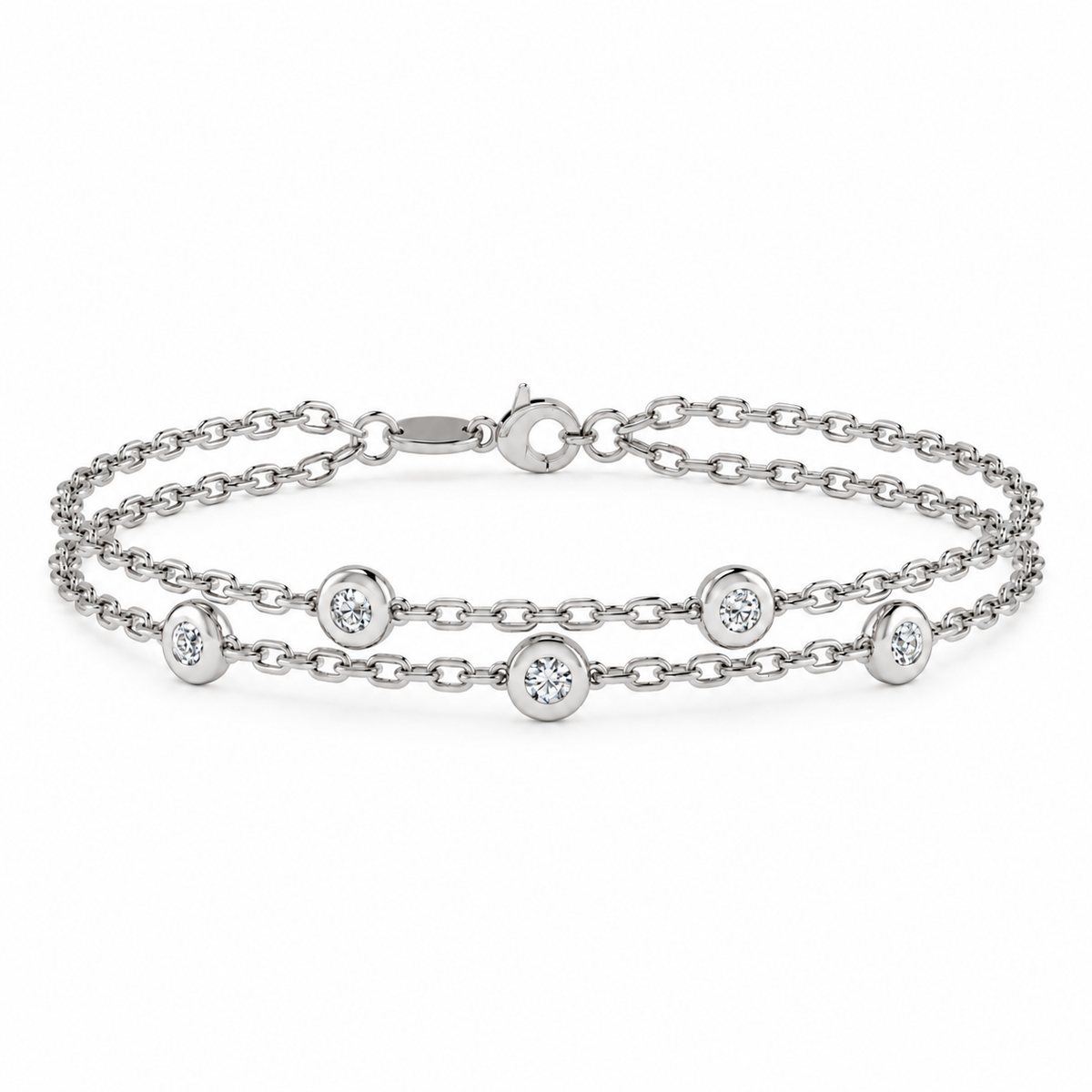 A silver double-strand chain bracelet with five bezel-set round clear gemstones, displayed on a clean white background.