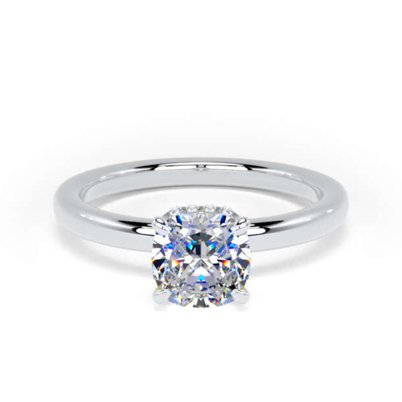 Cushion Diamond Engagement Ring, Plain Band Hidden Halo | CPS01