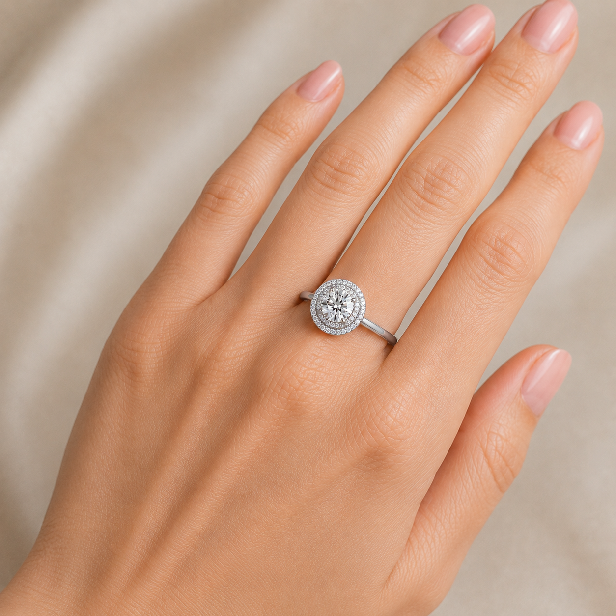 Round Diamond Engagement Ring, Plain Shoulder Double Halo | RHP02