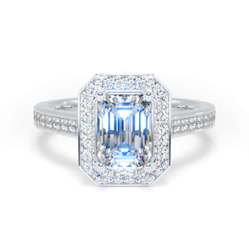 Emerald Cut Diamond Engagement Ring, Prong Set Halo | EHG01