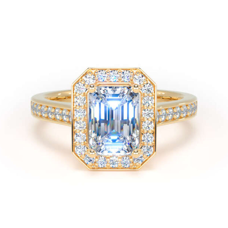 Emerald Cut Diamond Engagement Ring, Prong Set Halo | EHG01