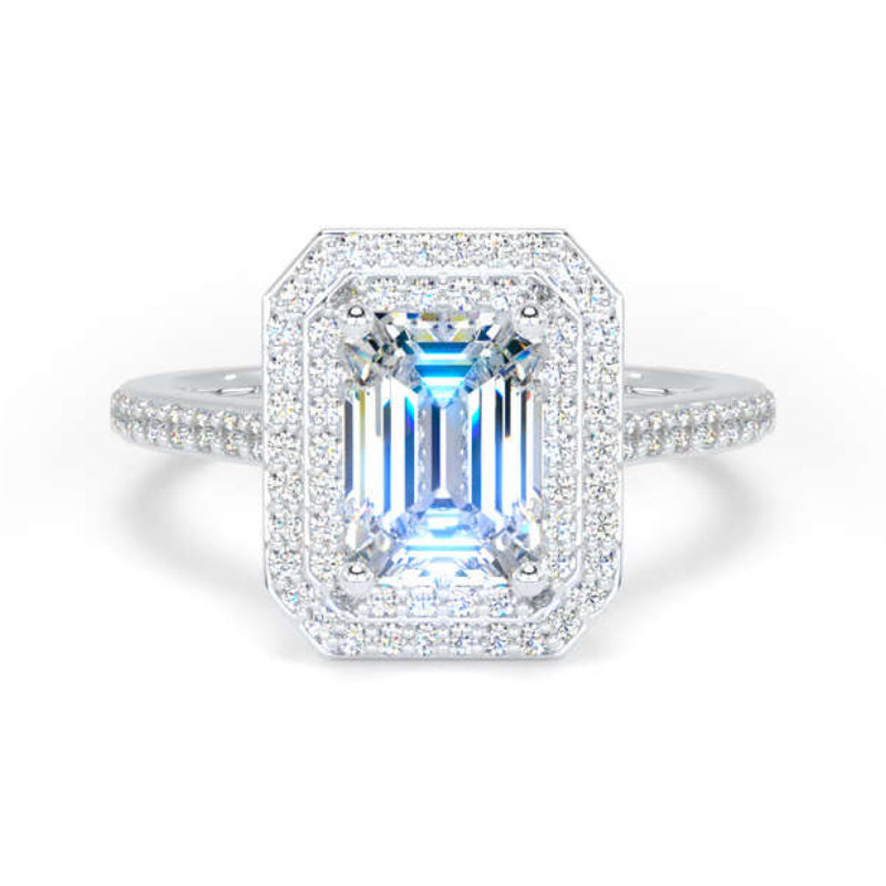Emerald Cut Diamond Engagement Ring, Shoulder Set Double Halo | EHW01