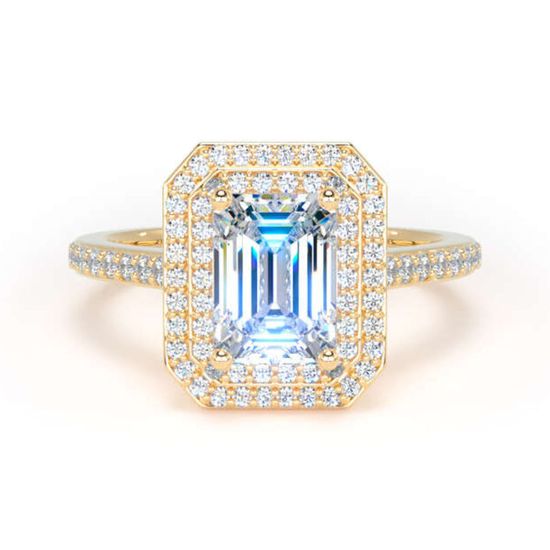 Emerald Cut Diamond Engagement Ring, Shoulder Set Double Halo | EHW01