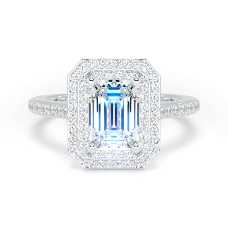 Emerald Cut Diamond Engagement Ring, Shoulder Set Double Halo | EHW02