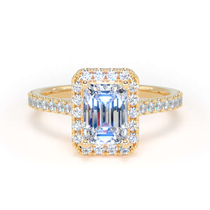 Emerald Cut Diamond Engagement Ring, Shoulder Set Halo | EHW03