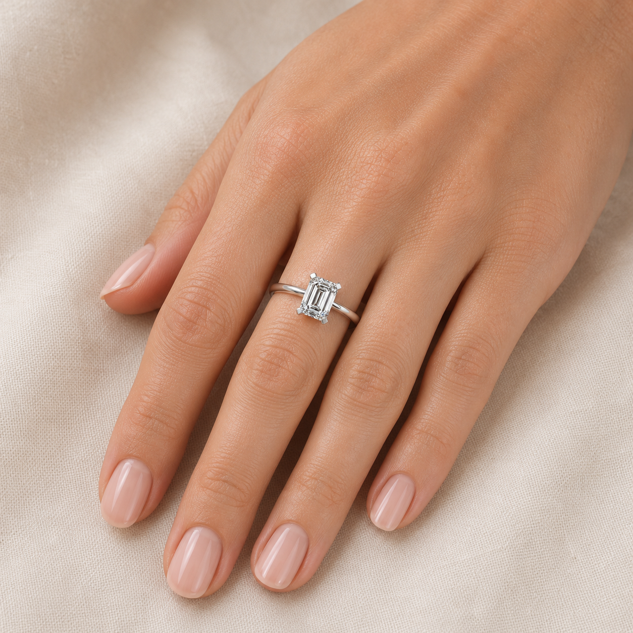 Emerald Diamond Engagement Ring, Squared Prong Basket Solitaire