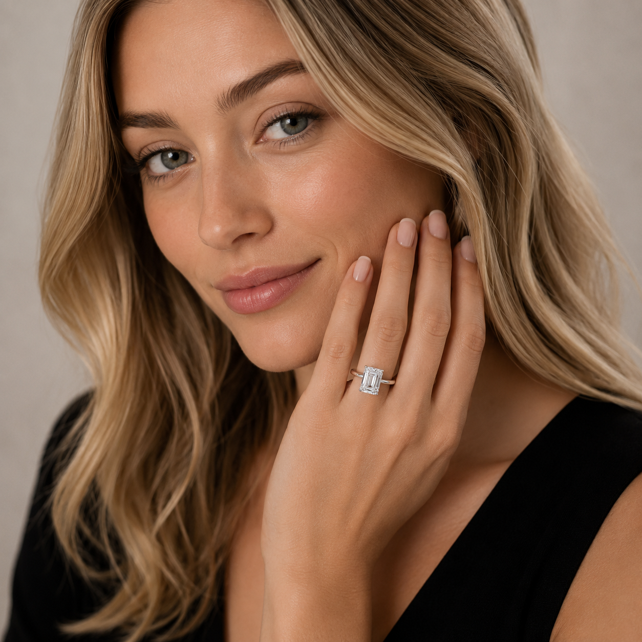 Emerald Diamond Engagement Ring, Plain Band Hidden Halo | EPS01