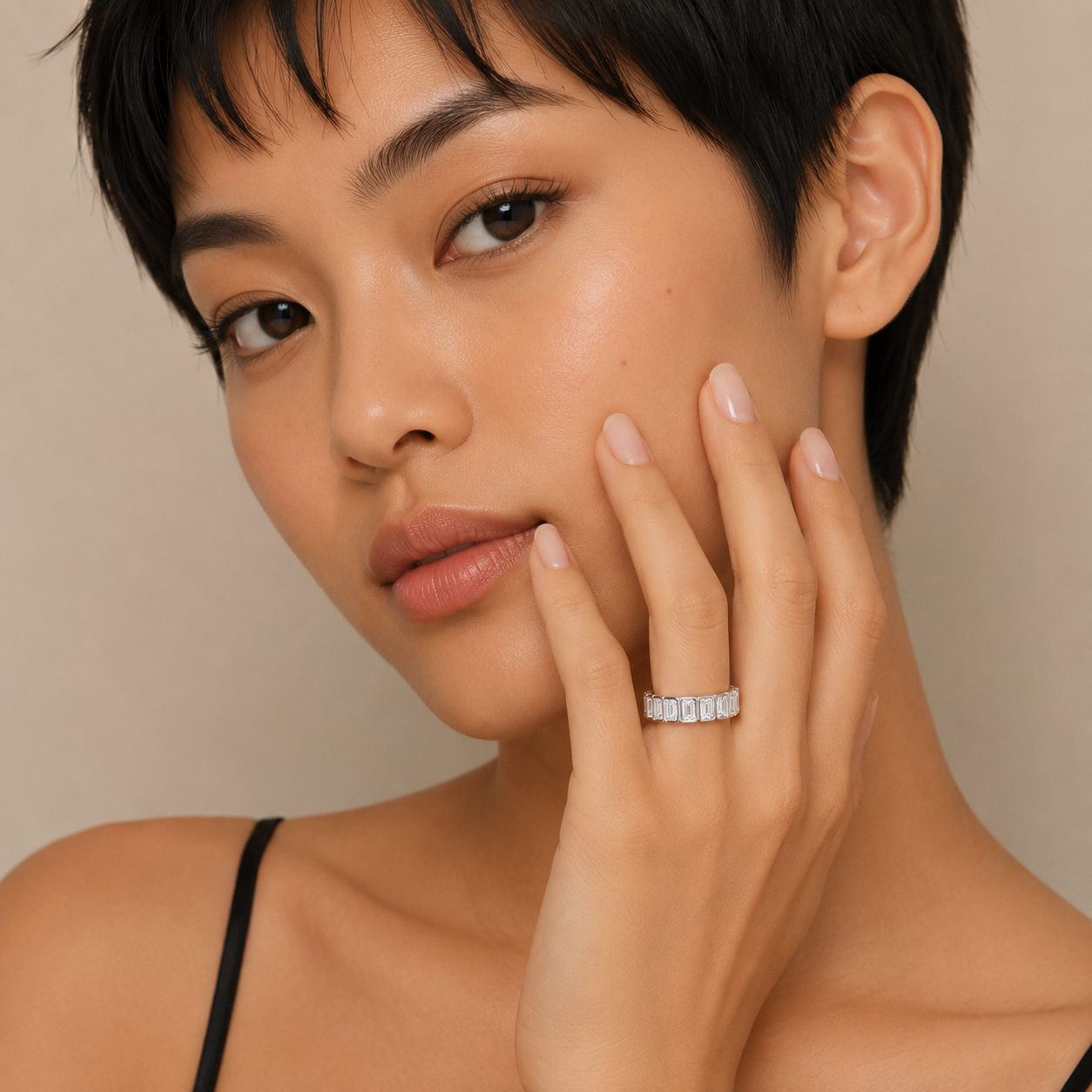 Emerald Diamond Ring, Bezel Set Half Eternity | ET1232