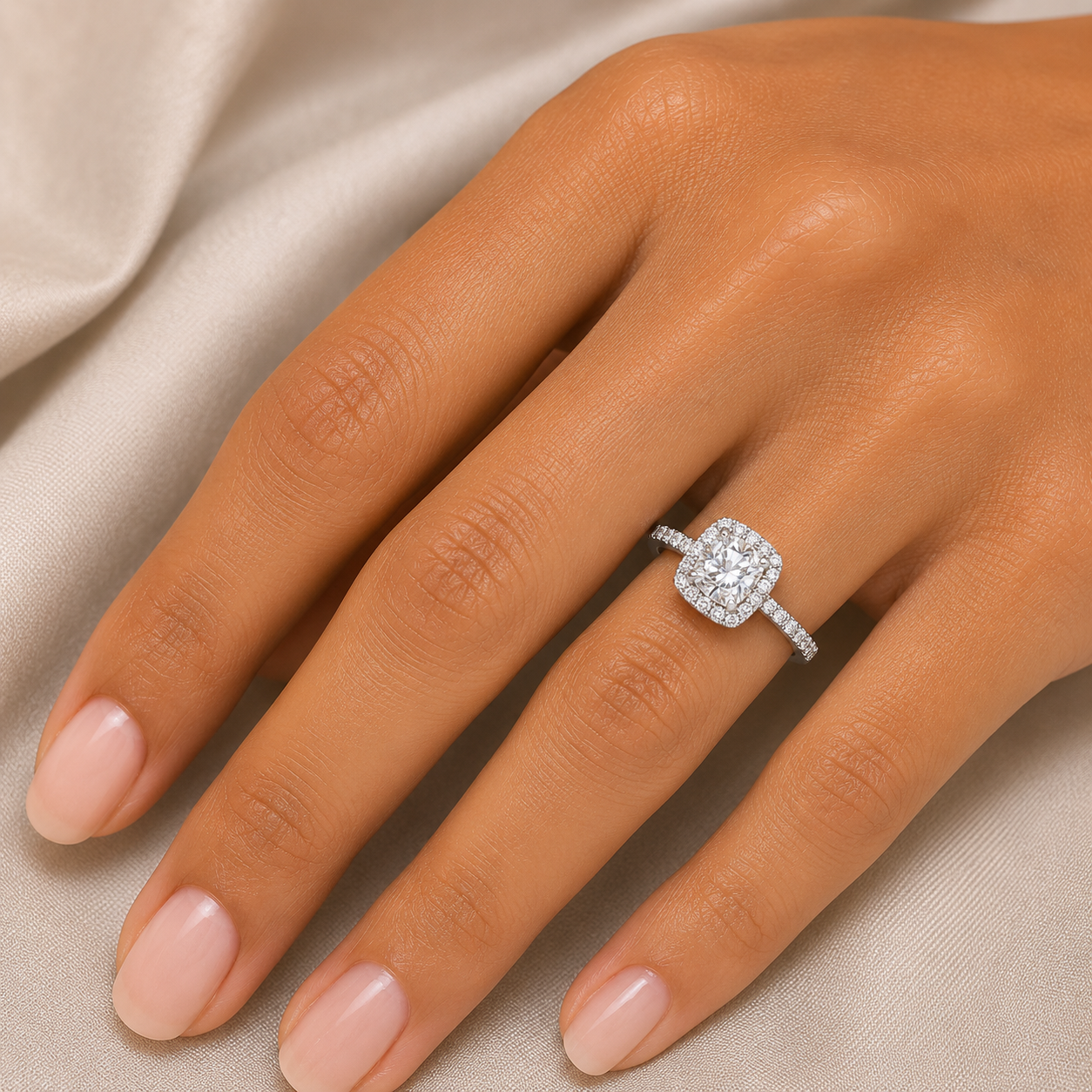 Cushion Diamond Engagement Ring, Diamond Shoulder Halo | CHS01