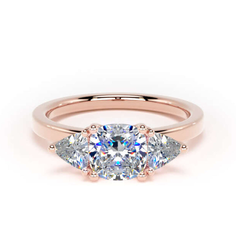 Cushion Diamond Rose Gold Trilogy Ring, Trillion Claw Set | LGC M3C01