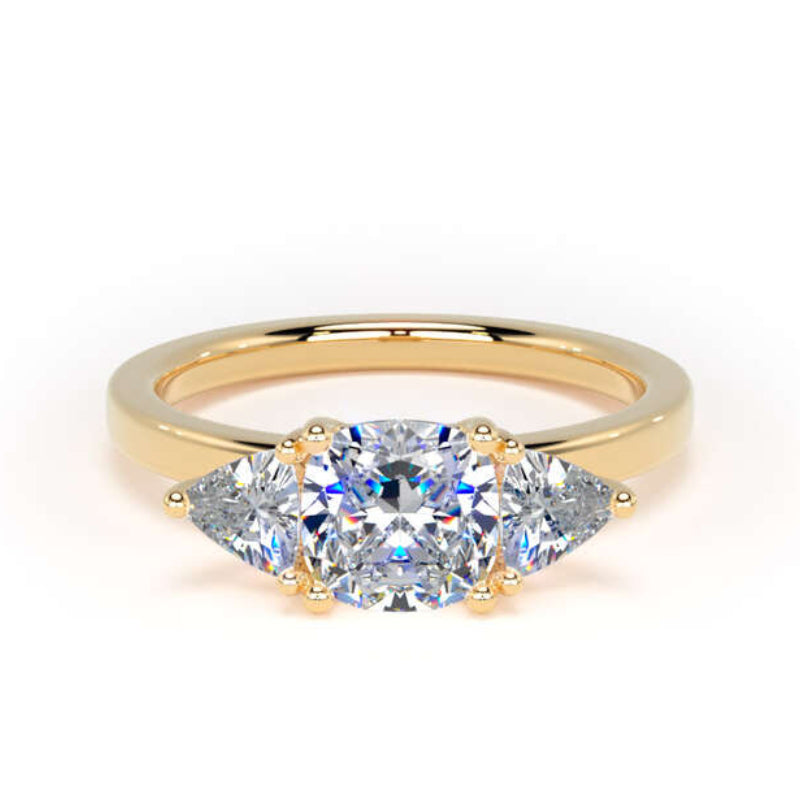 Cushion Diamond Yellow Gold Trilogy Ring, Trillion Claw Set | LGC M3C01