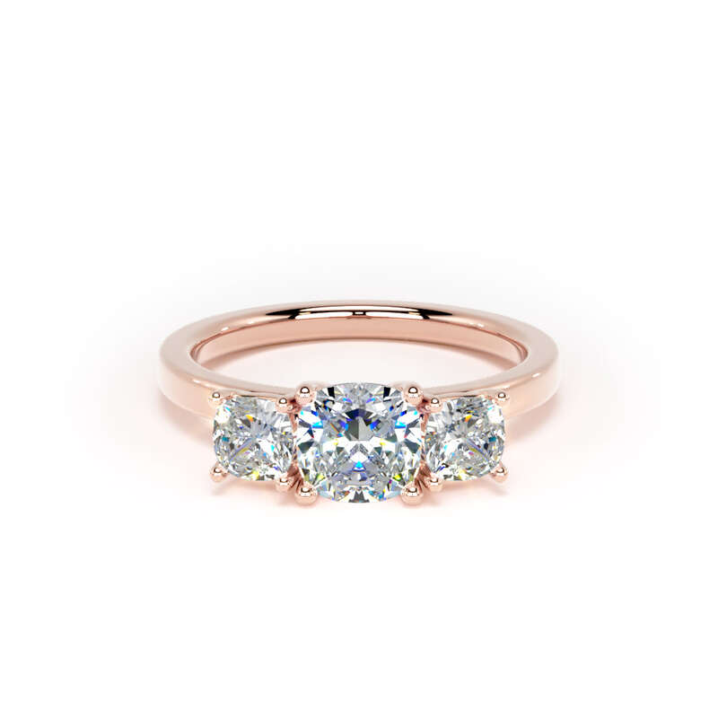 Cushion Diamond Rose Gold Trilogy Ring, Claw Set | LGC M3C02