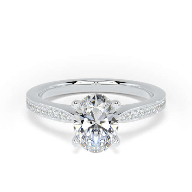 Oval Shoulder Set White Gold Ring, Pinched | OSG02 SMO