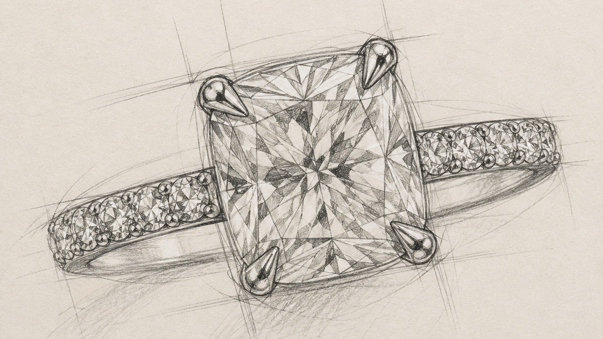 A detailed pencil sketch of a diamond ring with a large cushion-cut center stone and pavé-set side stones on a light beige background.