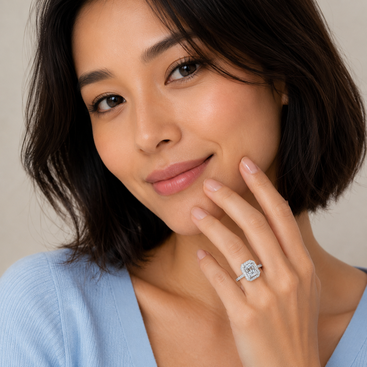 Emerald Cut Diamond Engagement Ring, Prong Set Halo | EHG01