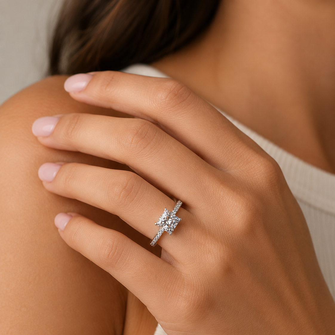 Princess Diamond Engagement Ring, Grain Shoulder Set Pinched | PSG02