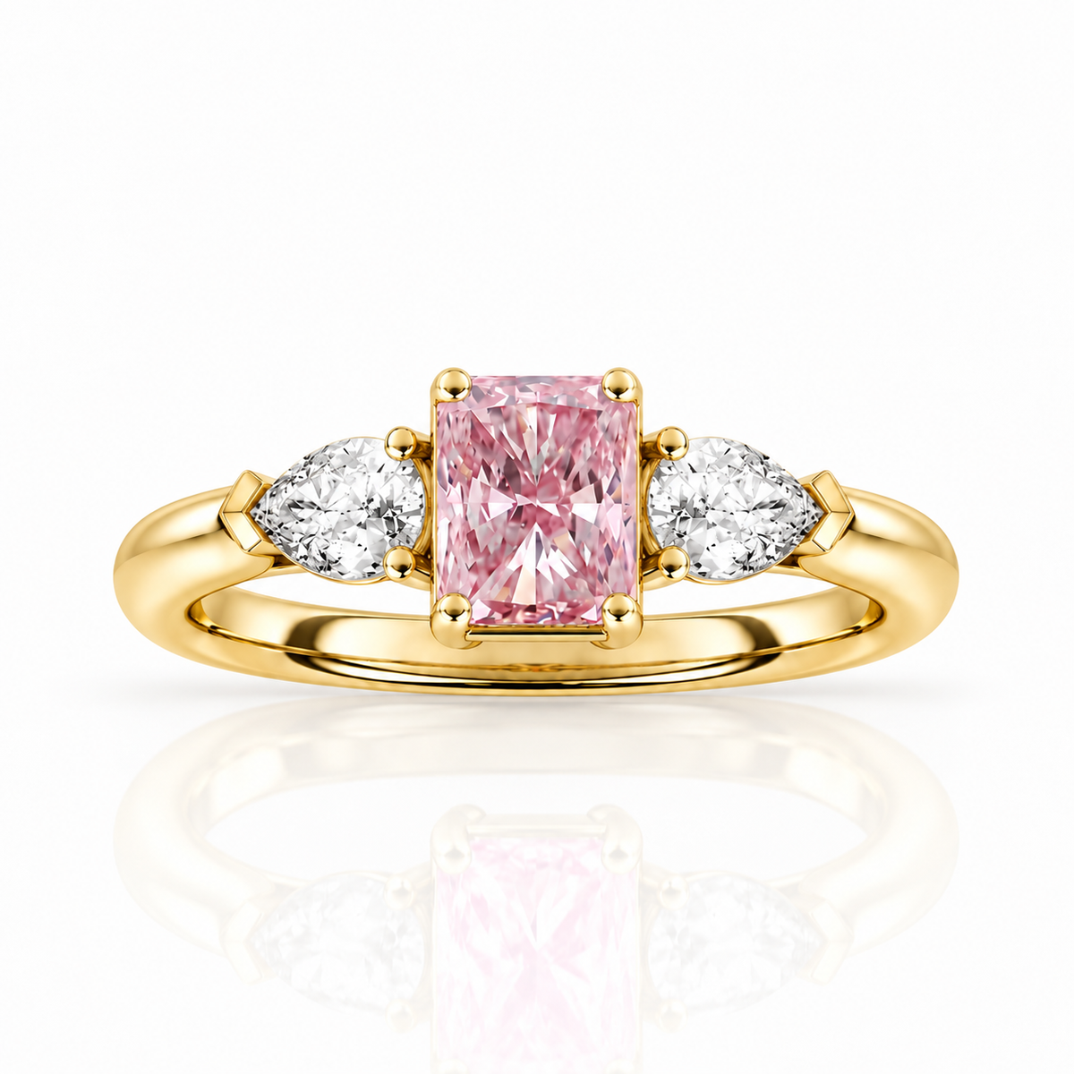 Pink Radiant & Pear Diamond Yellow Gold Engagement Ring, Claw Set Trilogy | R82410-PINK