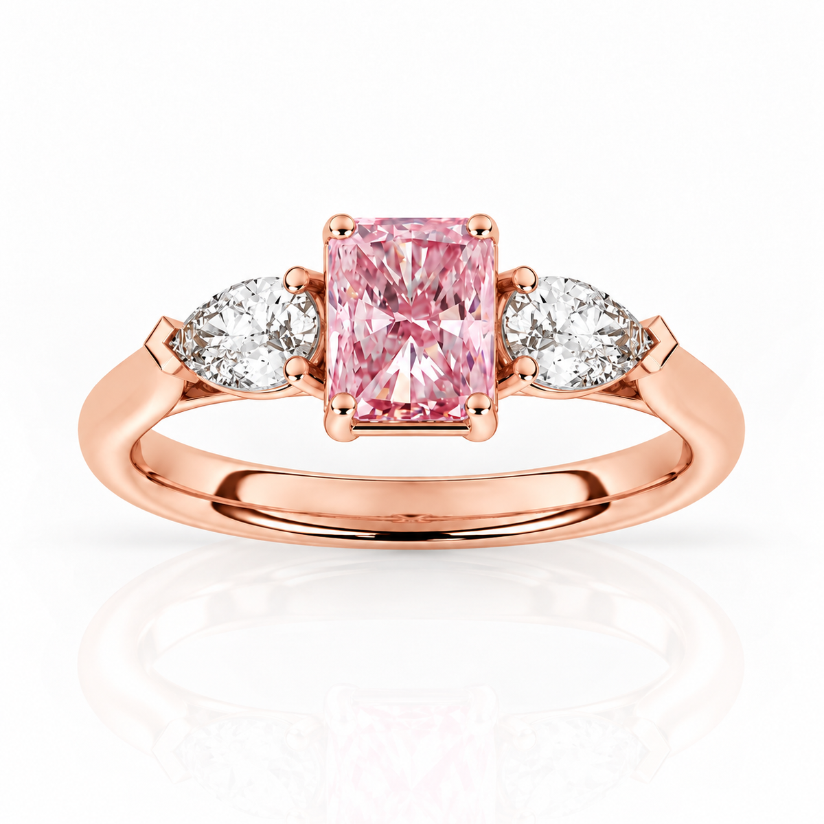 Pink Radiant & Pear Diamond Rose Gold Engagement Ring, Claw Set Trilogy | R82410-PINK