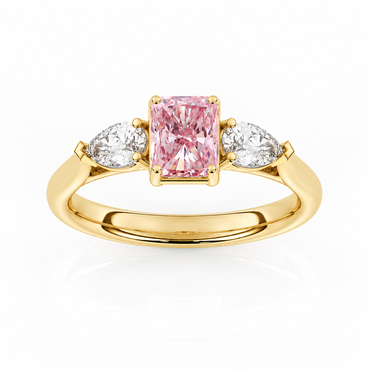 Pink Radiant & Pear Diamond Yellow Gold Engagement Ring, Claw Set Trilogy | R82410-PINK