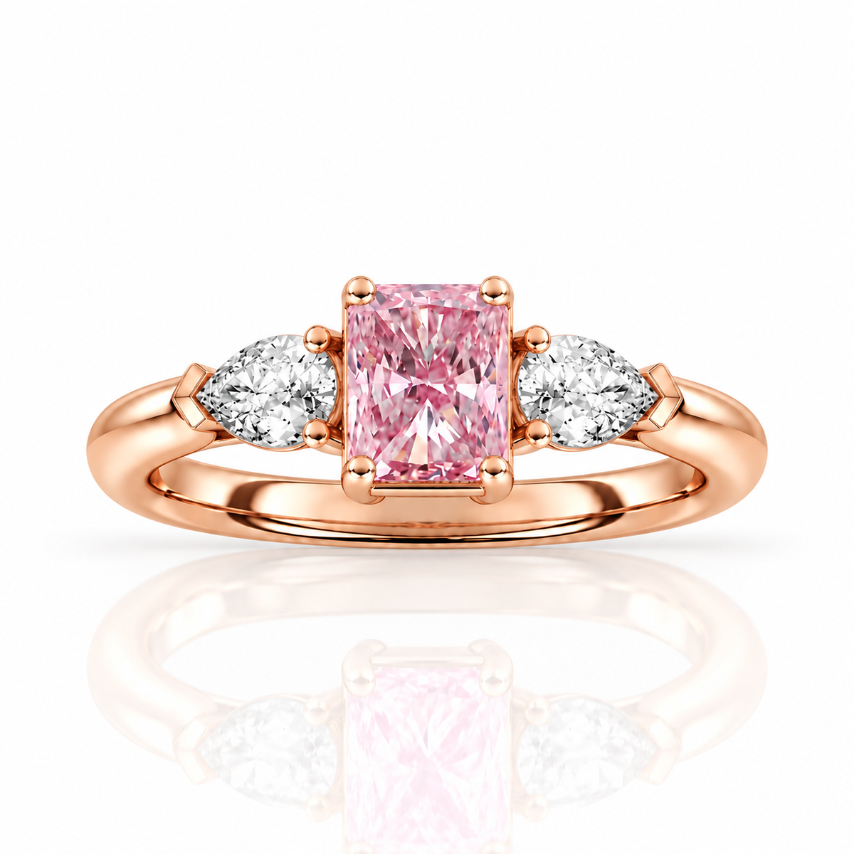 Pink Radiant & Pear Diamond Rose Gold Engagement Ring, Claw Set Trilogy | R82410-PINK