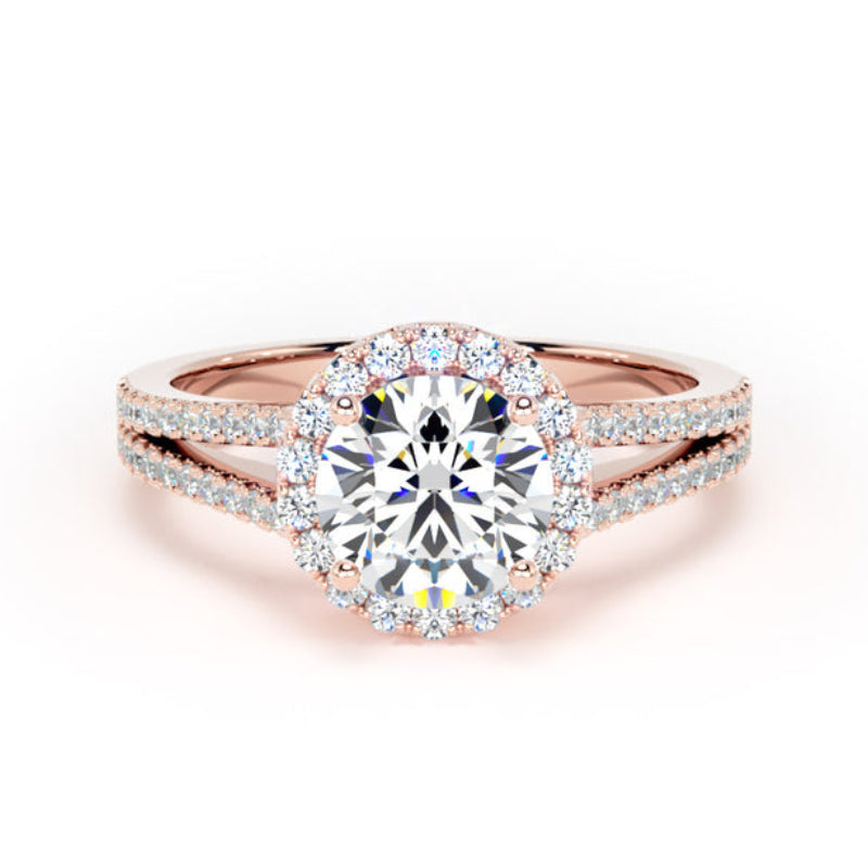 Round Diamond Engagement Ring, Split Diamond Shoulder Halo | RHF01