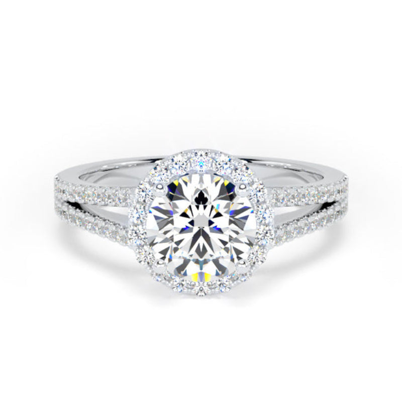 Round Diamond Engagement Ring, Split Diamond Shoulder Halo | RHF01