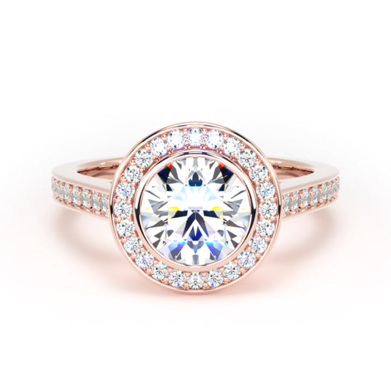 Round Diamond Rose Gold Ring, Grain Shoulder Bezel Halo | LGR RHG01