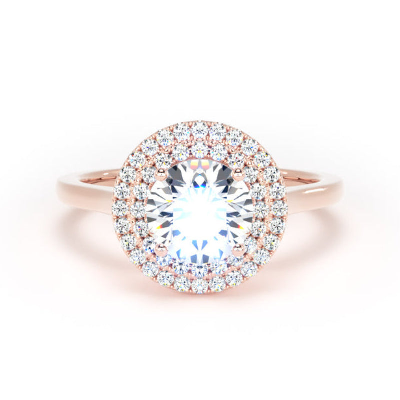 Round Diamond Engagement Ring, Plain Shoulder Double Halo | RHP02