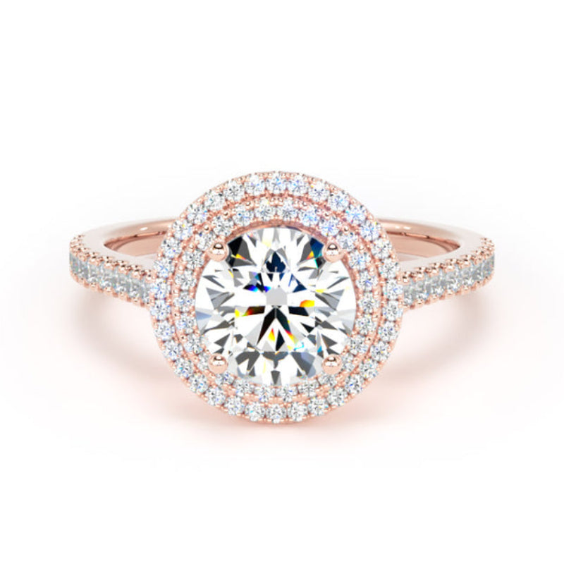 Round Diamond Engagement Ring, Shoulder Set Double Halo | RHW02