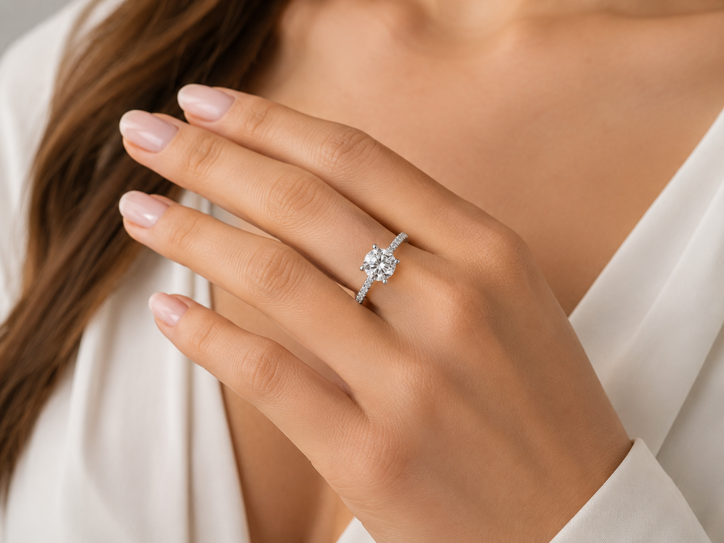 Close-up of a hand wearing a diamond ring with a blurred background