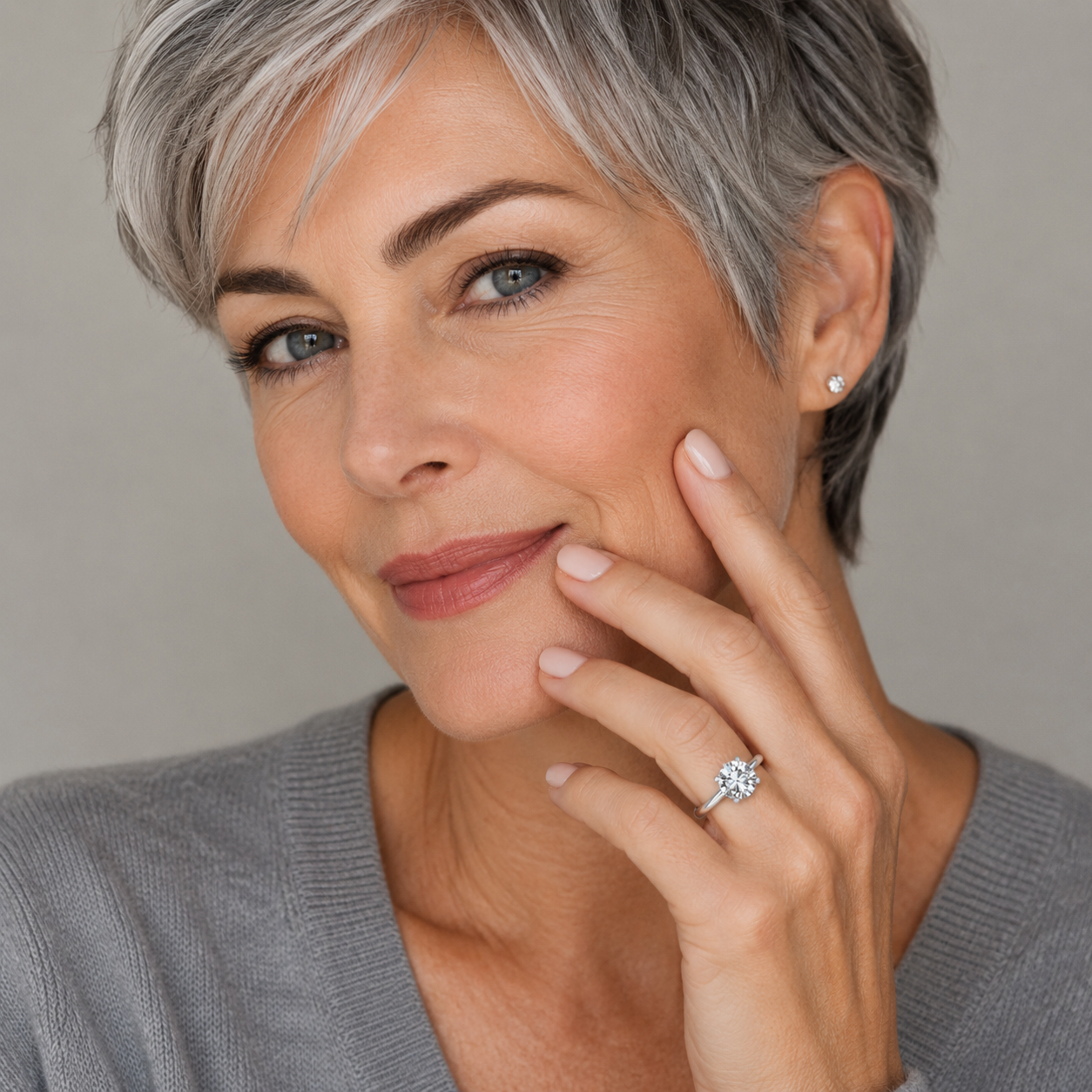 Woman with gray hair wearing a diamond ring on a neutral background