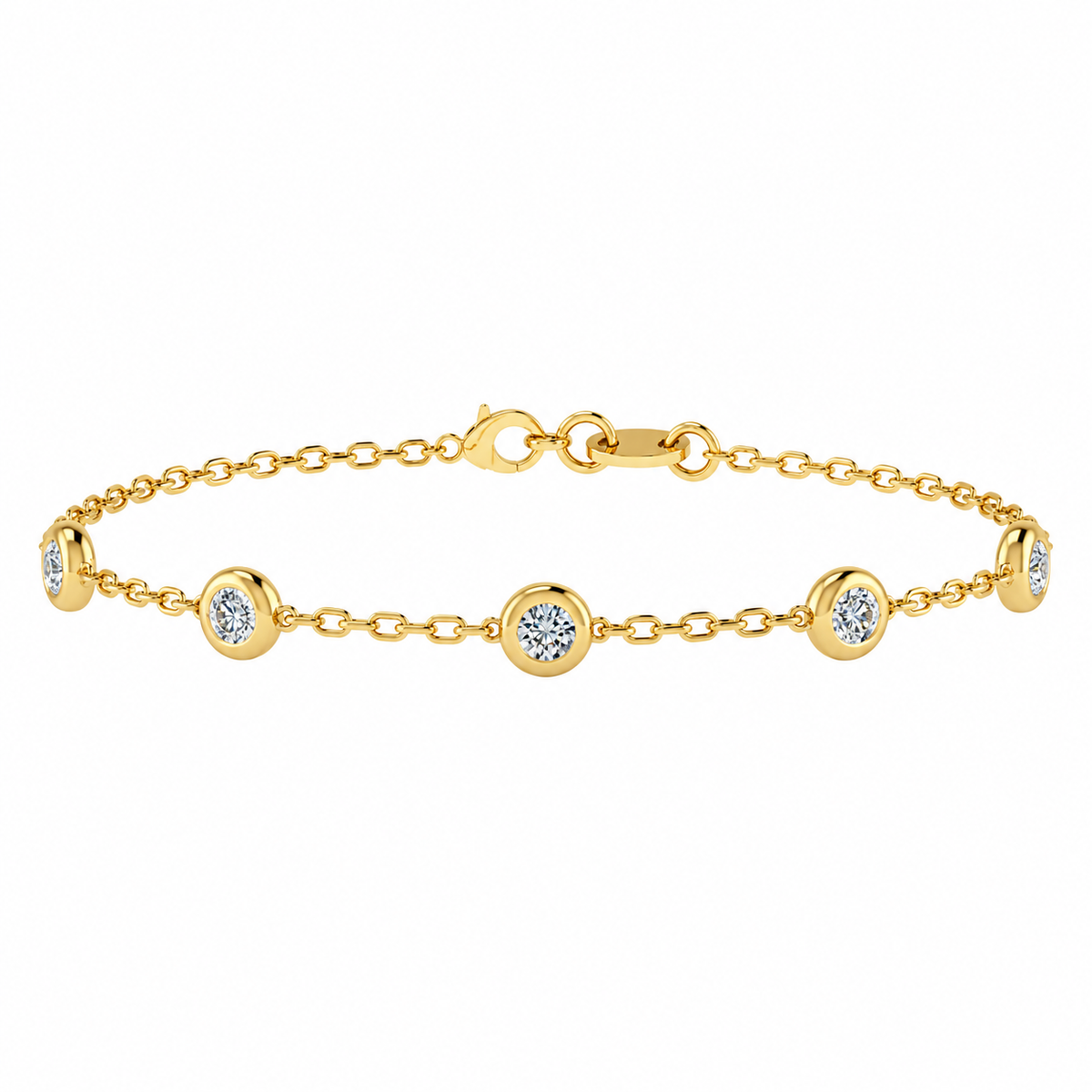 Round Diamond Yellow Gold Bracelet | Single Row Chain Bracelet, Rubover Set | BT1004