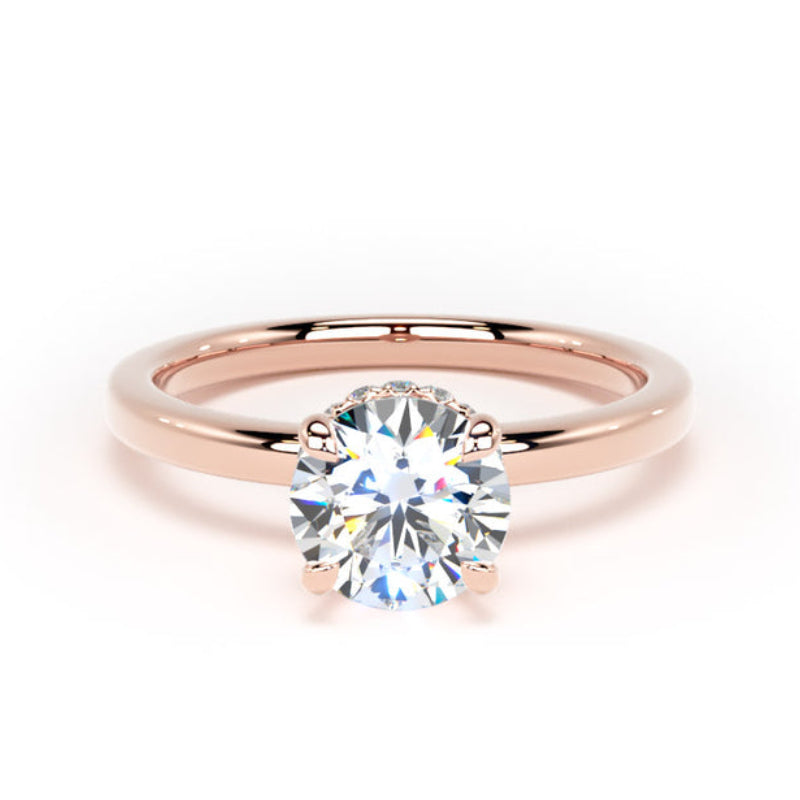 Round Diamond Rose Gold Ring, Plain Band Hidden Halo | SMR RPS01
