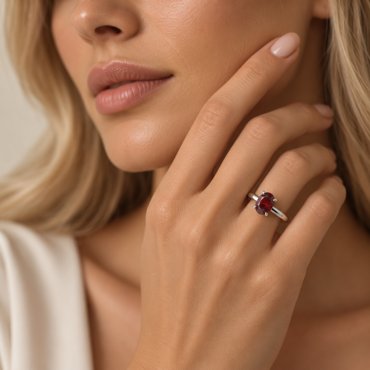 A close-up lifestyle shot of a woman wearing a silver ring with a round red gemstone on her finger, with her hand resting near her face.