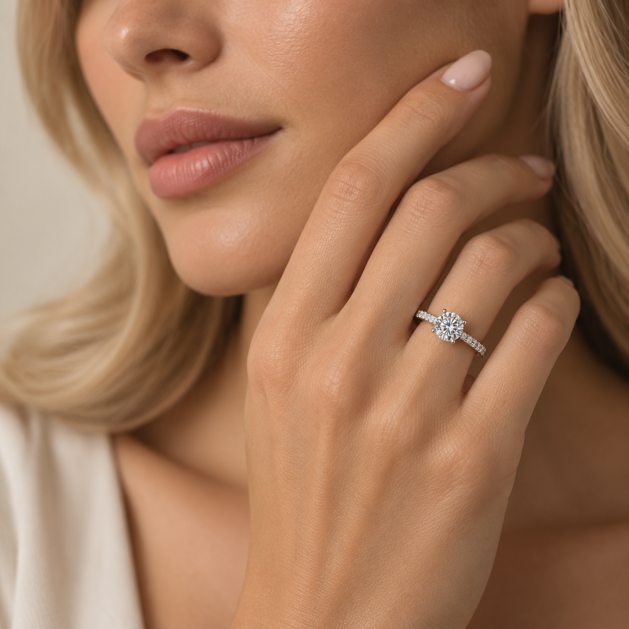 A close-up lifestyle shot of a woman wearing a diamond engagement ring on her finger, with her hand resting near her face against a soft beige background.
