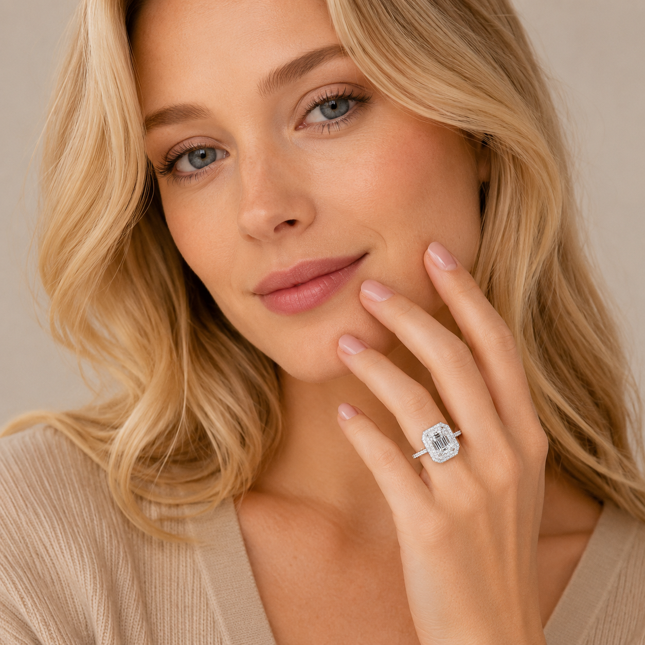 Emerald Cut Diamond Engagement Ring, Shoulder Set Double Halo | EHW02