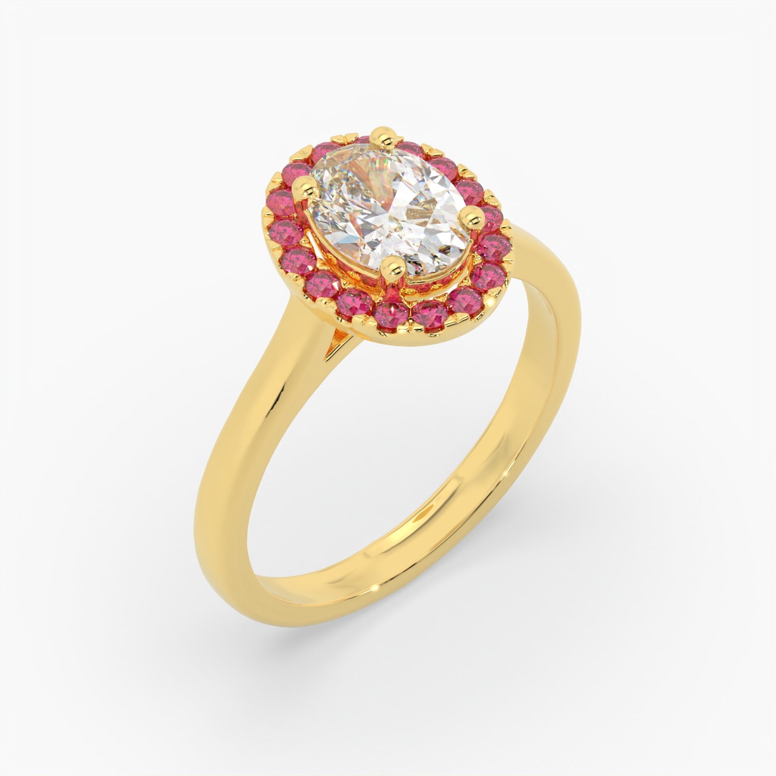 Oval Diamond Yellow Gold Ring, Peekaboo Diamond & Ruby Halo | OHP02RU LGO