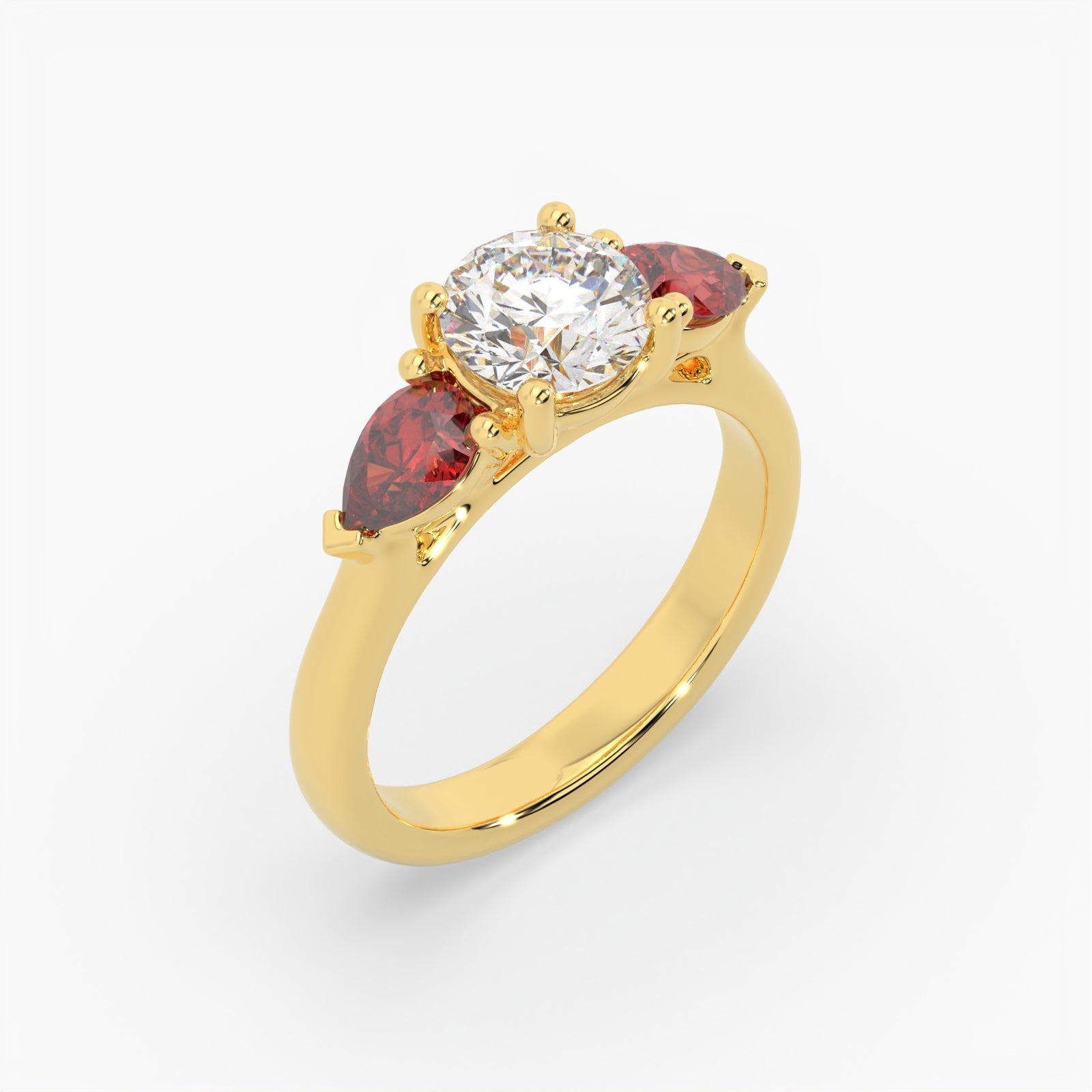 Round & Pear Ruby Yellow Gold Ring, Claw Set Trilogy | SMR RX4831RU