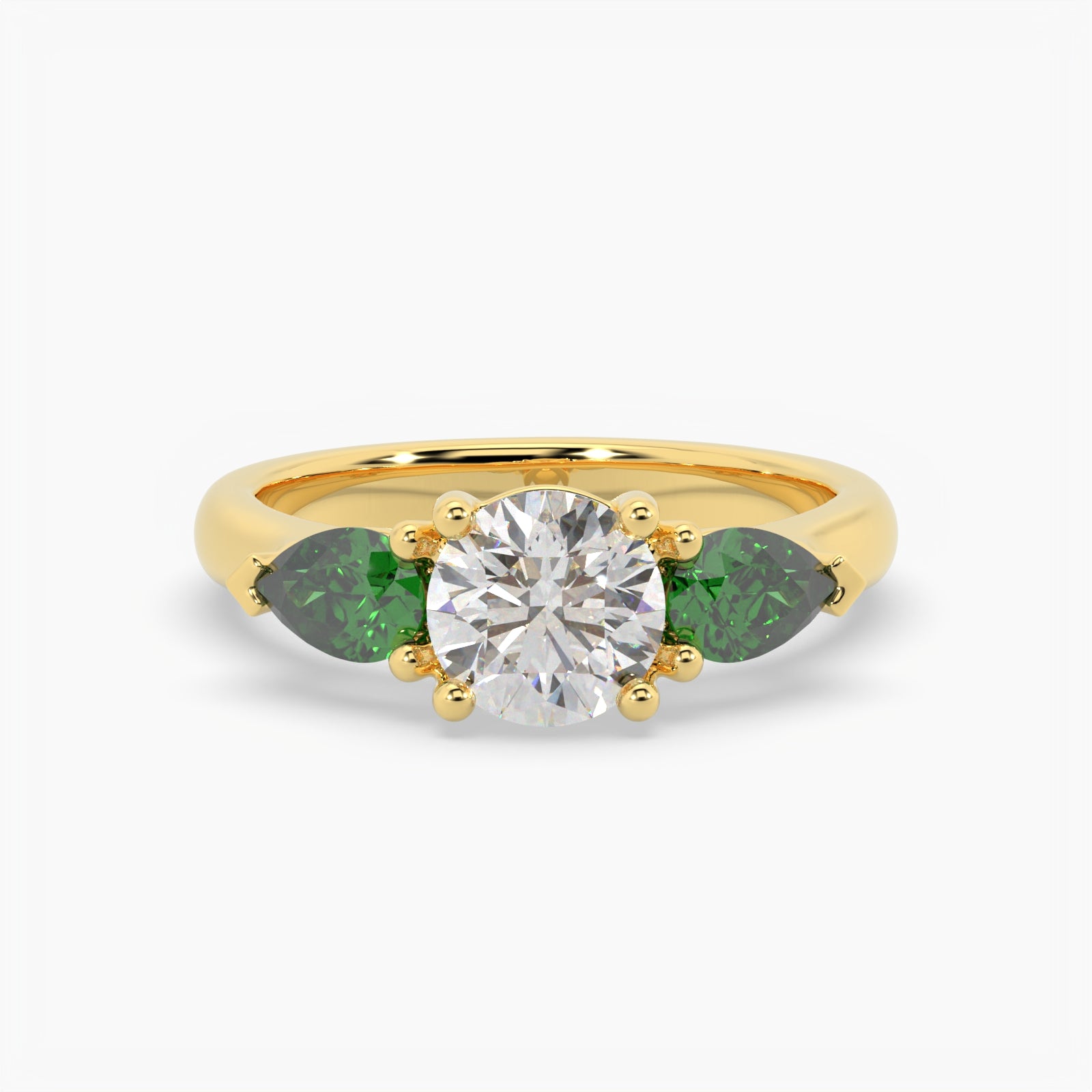 Round & Pear Emerald Yellow Gold Ring, Claw Set Trilogy | SMR RX4831EM