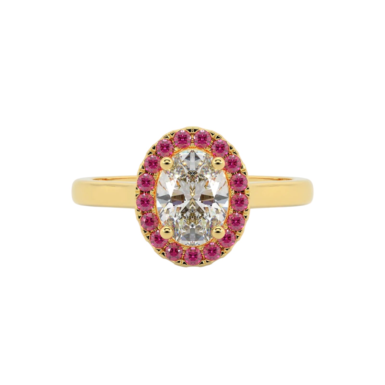 A yellow gold oval halo ring featuring a clear marquise-cut center stone surrounded by a halo of small pink gemstones, set against a clean white background.