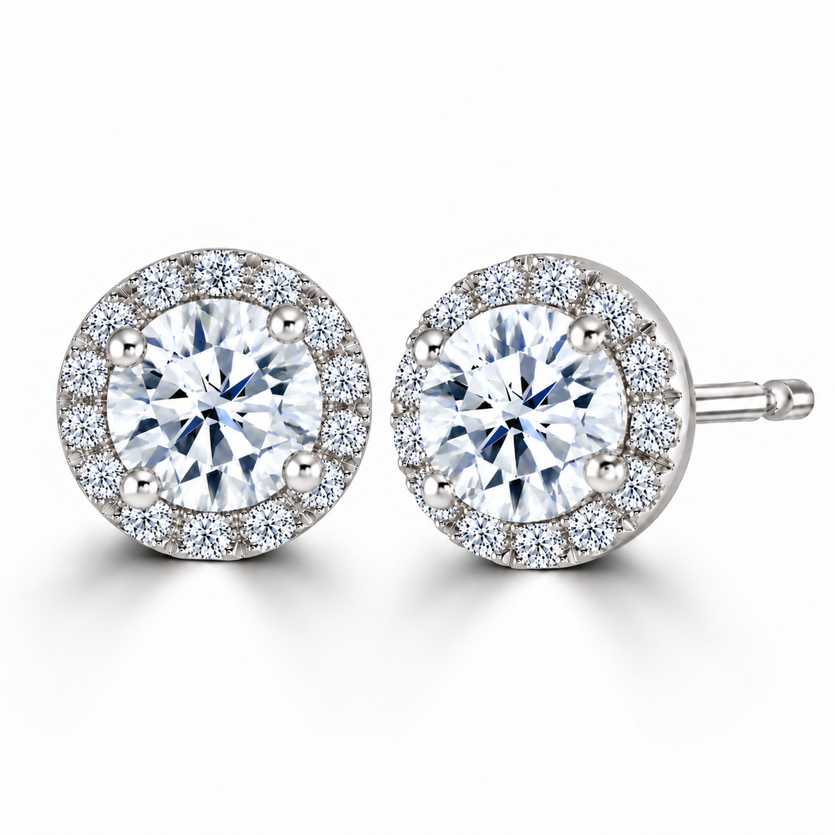 Round Diamond White Gold Earrings, Micro Set Halo | RE1001