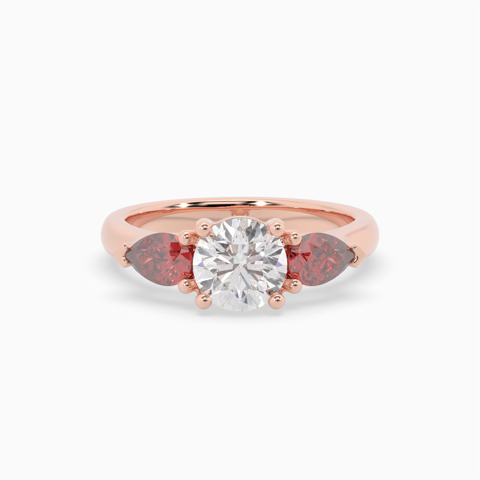 Round & Pear Ruby Rose Gold Ring, Claw Set Trilogy | SMR RX4831RU