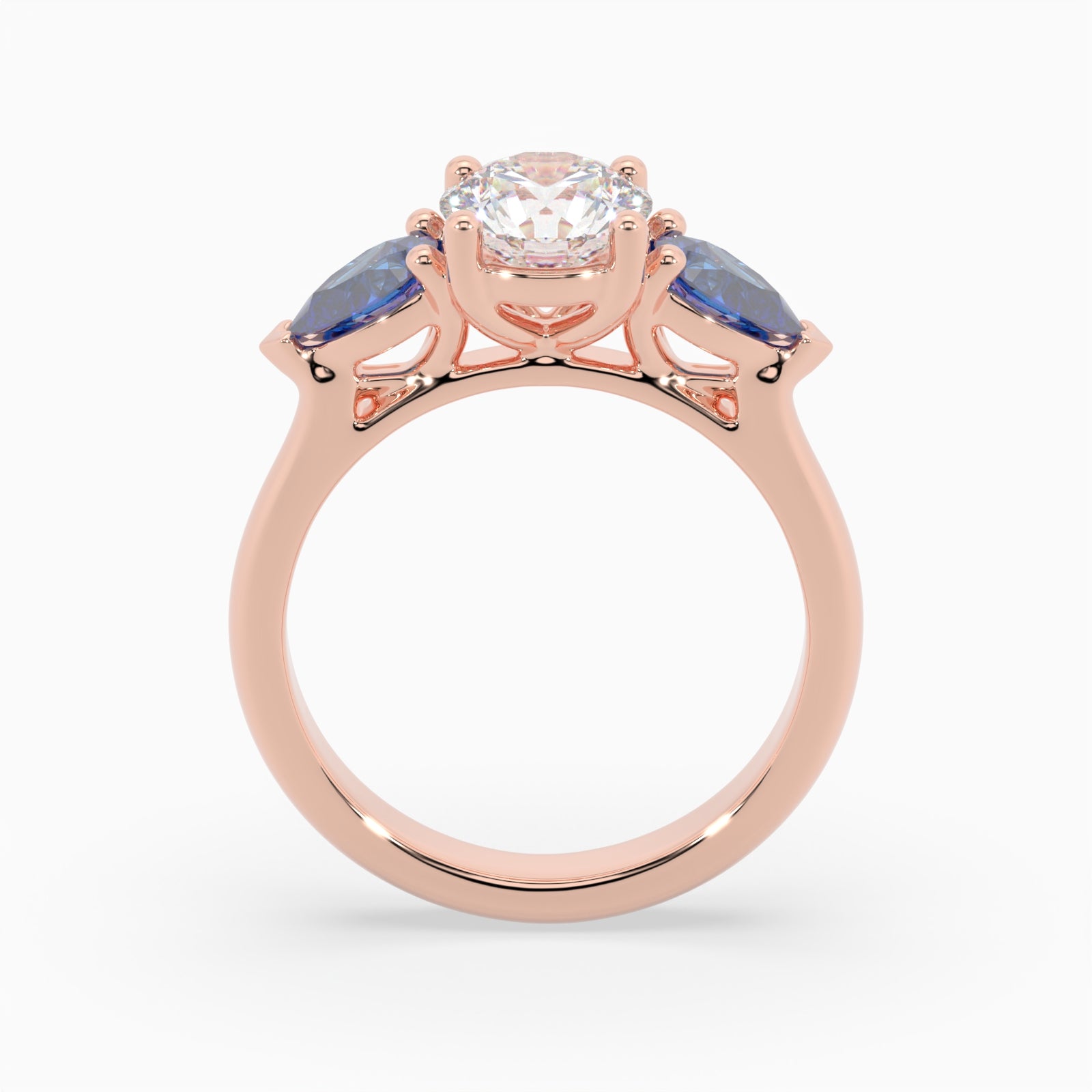 Round & Pear Blue Sapphire Rose Gold Ring, Claw Set Trilogy | SMR RX4831SA